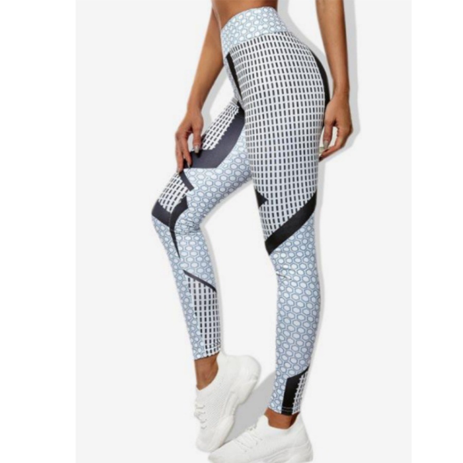 Womens High Waist Geometric Print Workout Leggings with Honeycomb Pattern